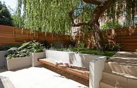 Senkgarten Mit Sitzplatz Gestalten Modern Gemauerte Sitzbank Sichtschutz Holz Terrassengestaltung Sitzbank Garten Moderne Gartenentwurfe