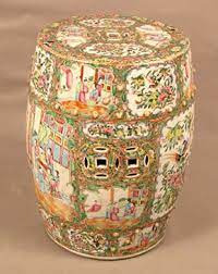 Chinese polychrome pottery garden stool, of barrel form with pierced and raised decoration. The Hanebergs Antiques Rose Medallion Barrel Form Garden Seat