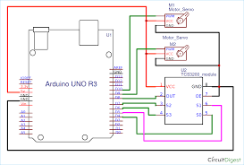 Circuit Diagram For Diy Arduino Based Color Sorter Machine Using Tcs3200 Color Sensor Arduino Sensor Arduino Projects