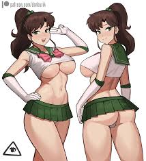 donburi (donburikazoku), kino makoto, sailor jupiter, bishoujo senshi  sailor moon, commentary, english commentary, highres, 1girl, artist logo,  ass, breasts, brown hair, cameltoe, elbow gloves, from behind, gloves,  green eyes, hand on own