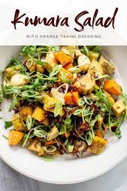 Kumara Salad With An Orange Tahini Dressing Kumara Are New Zealand Sweet Potatoes And They 039 Re Just Del Kumara Salad Vegan Recipes Healthy Kumara Recipes