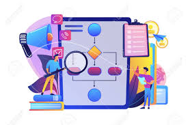 Businessmen With Magnifier Looking At Business Process Flow Chart