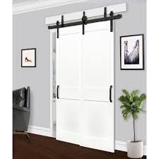 Pacific Entries 48 In X 80 In 2 Panel Solid Core Prime Pine Wood Barn Door With Bronze Sliding Door Hardware Kit Barn Door Interior Barn Doors Wood Barn Door