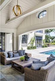Beautiful Indoor Outdoor Living Room Design With Classic Wicker Furniture Blue Accent Pillows And A Modern B Outdoor Rooms Outdoor Living Space Outdoor Living