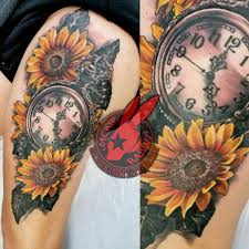 Black And Grey Flower Tattoos With Color Clock Pocket Watch Sunflower Flower Color Black And Grey Antique Vintage Real Realistic Best Tattoos For Kids Sunflower Tattoo Shoulder Sunflower Tattoo Sleeve