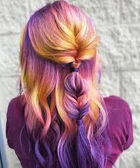 Colorful Hair Color Combo Purple Vivid Yellow Pink Ombre Pastel Half Up Half Down Long Hairstyle Sunset Hair Color Sunset Hair Hair Styles