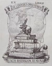 Bookplate Of Biochemist Physician Jacob Rosenbloom B S M D Phd 1884 1923 It Features A Skull Microscope And Stack Book Plates Owl Books Ex Libris