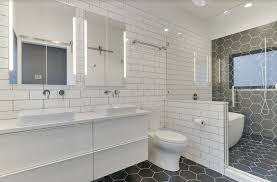 Hex tile floor subway tile wall. Hexagon And Subway Tile Bathroom Modern Bathroom Portland By Let S Remodel Houzz