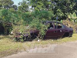 Drawing kereta buruk dan berkarat tersadai di kawasan semak samun. Semak Tengok Kereta Buruk Tersadai