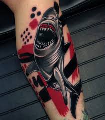 Black and gray background tattoo. Picture Of Gray Shark With Black And Red Background Tattoo