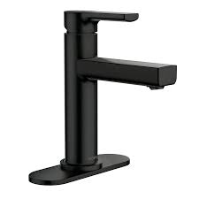 This bathroom sink faucet meets standards set by ada (americans with disabilities act). Moen Rinza Matte Black 1 Handle Single Hole Watersense Bathroom Sink Faucet With Drain And Deck Plate Lowes Com Bathroom Sink Faucets Sink Faucets Faucet