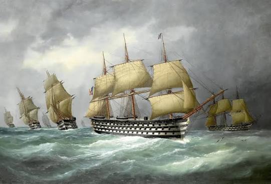 A painting of an engagement between three East India Company ships and two French vessels, 8 March 1757'. Painted by Auteur Lawson Dunn. Three homeward bound East Indiamen, the 'Suffolk', 'Houghton' and '