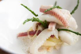 Ocean S Flavours Poached Plaice Smoked Eel Potato Mousseline Frothy Sauce Of Roasted Garlic