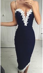 Quiet Romance Navy Blue White Spaghetti Strap Lace Trim Plunge V Neck Bodycon Midi Dress Fancy Dresses Fashion Beautiful Dresses