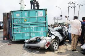 Image result for Container falls on two fully loaded commercial buses in Ojota