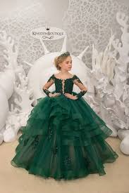 emerald green and beige lace tulle long sleeve formal flower girl dress for special occasion bridesmaid party wedding pageant birthday in 2021 beige flower girl dress unique girls dresses girls dresses