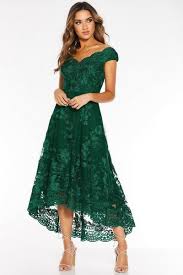 Petite Bottle Green Lace Embroidered Bardot Dip Hem Dress Quiz Clothing Green Lace Dresses Dresses Hem Dress