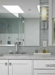 Bathrooms Gray Glass Tiles Linear Backsplash White Bathroom Vanity Marble Countertop Contemporary Design Grey Bathrooms Glass Tile Bathroom Grey Glass Tiles