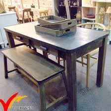 Fitted to a reclaimed oak wood trestle base. Farmhouse Vintage Industrial Furniture Antique Wood Dining Table With Zinc Top And Bench China Dining Room Table Sets Dining Room Furniture Made In China Com