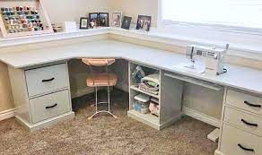 The first one is a beautiful craft table, which is simply a tabletop supported by bookshelves. Office Corner Desktop Plans Ana White