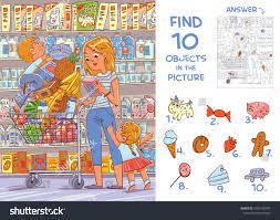Only a genius will be able to find them all. Find 10 Objects In The Picture Puzzle Hidden Items Mother And Two Young Children Are Shopping In Picture Puzzles Hidden Picture Games Hidden Picture Puzzles