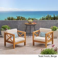 The tops of the chairs and arm rests are smoothly curved to create a more relaxed look and feel for your time outside. Brava Outdoor Acacia Wood Club Chairs With Cushions Set Of 2 By Christopher Knight Home On Sale Overstock 26966726