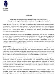 We did not find results for: Siaran Pers Debat Calon Ketua Umum Perhimpunan Advokat Indonesia Peradi Menuju Peradi Yang Profesional Akuntabel Dan Memperjuangkan Keadilan Pshk Or Id
