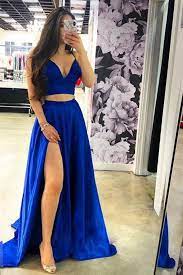 Two Piece Royal Blue V Neck Split Long Elegant Prom Dress Formal Evening Grad Dresses Ld1980 In 2021 Royal Blue Prom Dresses Trendy Prom Dresses Prom Dresses Blue