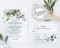 Watercolor Boho Greenery Wedding Invitation Template Suite With Eucalyptus Leaves Instant Download Printable Editable Template 027 Greenery Wedding Invitations Wedding Invitation Templates Blush Wedding Invitations