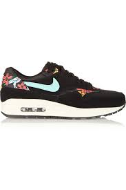 Black Air Max 1 Suede Mesh And Printed Faux Leather Sneakers Nike Leather Sneakers Black Suede Shoes Nike Air Max