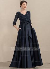A Line V Neck Floor Length Satin Lace Mother Of The Bride Dress With Sequins Bow S Pockets 008195408