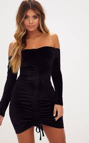Black Velvet Long Sleeve Bardot Ruched Bodycon Dress Bodycon Dress Ruched Bodycon Dress Black Velvet Dress