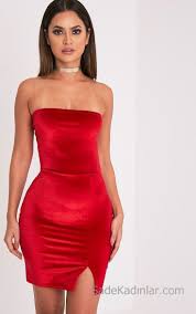 2021 Kadife Gece Elbiseleri Abiye Modelleri Kirmizi Kisa Straplez Onden Kucuk Yirtmacli Kiyafet Kombinleri Simple Red Dress Red Dress Short Red Velvet Dress