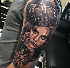 Tattoo Woman Portrait With Cross And Crown Ideas Tattoo Designs Portrait Tattoo Tattoos Queen Tattoo