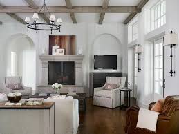 Gray Wash Wood Beams Accent The White Ceiling Of This Gorgeous Living Room Featuring A Classic Rin Wood Beam Ceiling Living Room Wood Transitional Living Rooms