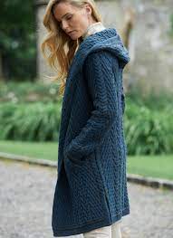 Khaki contrast sherpa lining single button hooded coat. Aran Cable Knit Long Hooded Cardigan Blarney