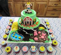 Butter Icing Birthday Cake For Little Boy Farm Cake For Baby Shower Two Tier Cake With Buttercream Icing And All Handmade Candy Clay Animals Mat With Images Farm Birthday Cakes Boy Birthday Cake Baby Shower Cakes