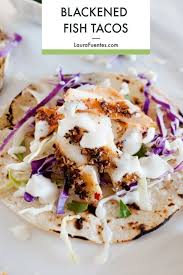 In these blackened fish tacos, soft flour tortillas are stuffed with cilantro pesto slaw, blackened fish, avocado and a zigzag of chipotle crema. Blackened Fish Tacos Recipe Blackened Fish Tacos Fish Tacos Cilantro Lime Sauce