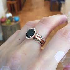 14k Rose Gold Trio Wedding Set Halo Diamond Black Spinel Engagement Ring And Bezel Black Diamond Ring Engagement Diamond Wedding Bands Wedding Rings Engagement