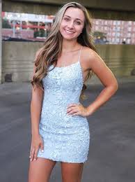 Spaghetti Straps Light Blue Tight Short Homecoming Dress With Appliques Homecoming Dresses Short Tight Tight Party Dresses Homecoming Dresses Tight