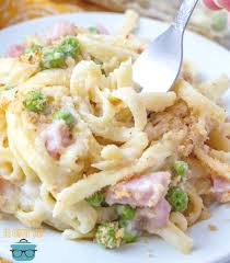 The peas came from frozen but were already cooked in package in microwave for earlier meal. Creamy Ham Fettuccine Casserole Video The Country Cook