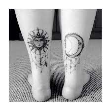 Pretty Sun And Moon Tattoos Not This Low On The Legs Though I Would Do Above The Knees Moon Tattoo Wrist Moon Tattoo Back Tattoo