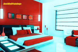 Red bed linens, a red armchair and a blue rug with white stars bring a patriotic feel to the design. Red Bedroom Walls Ideas