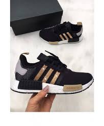 Adidas Nmd R1 Black And Gold Adidas Nmd Black Trainers With Gold Swarovski Crystals Black Trainers Outfit Black Nike Shoes Black Trainers