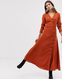 Y A S Large Button Front Maxi Dress In Rust Sheer Maxi Dress Button Front Maxi Dress Rust Color Dress