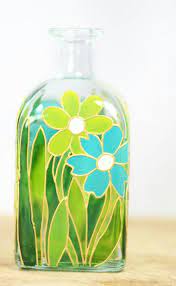 Hand Painted Glass Bottle Spring Summer Flower Botanical Design Turquoise Yellow Green Kitchen Decor Home Decor Decorative Glass Art Painted Glass Bottles Glass Bottle Crafts Glass Bottles Art