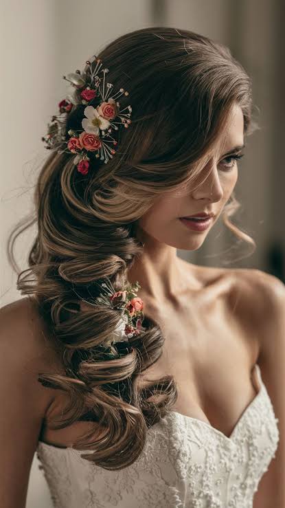 New Year Hairstyles: Side-Swept Curls with Floral Pins