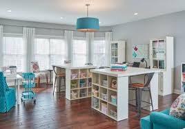 Ana white will show you how to make your own modern craft table!lots of storage, tons of workspace on top, and there is a spot for two counter stools at the opposite ends of the table so kids can have their own spot to craft/color. Creative And Amazing Craft Room Design Ideas