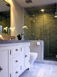 Neutral Transitional Bathroom With Gray Tile Walk In Shower Transitional Bathroom Design Bathrooms Remodel Bathroom Design