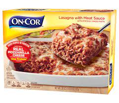Lasagna with cheese and meat sauce (diet frozen meal) contain(s) 118 calories per 100 grams (≈3.53 ounces)  price a few foods with a name containing, like or similar to lasagna with cheese and meat sauce (diet frozen meal):. On Cor Meat Lasagna